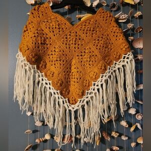 Vintage Handmade Crochet Fringe Shawl Poncho